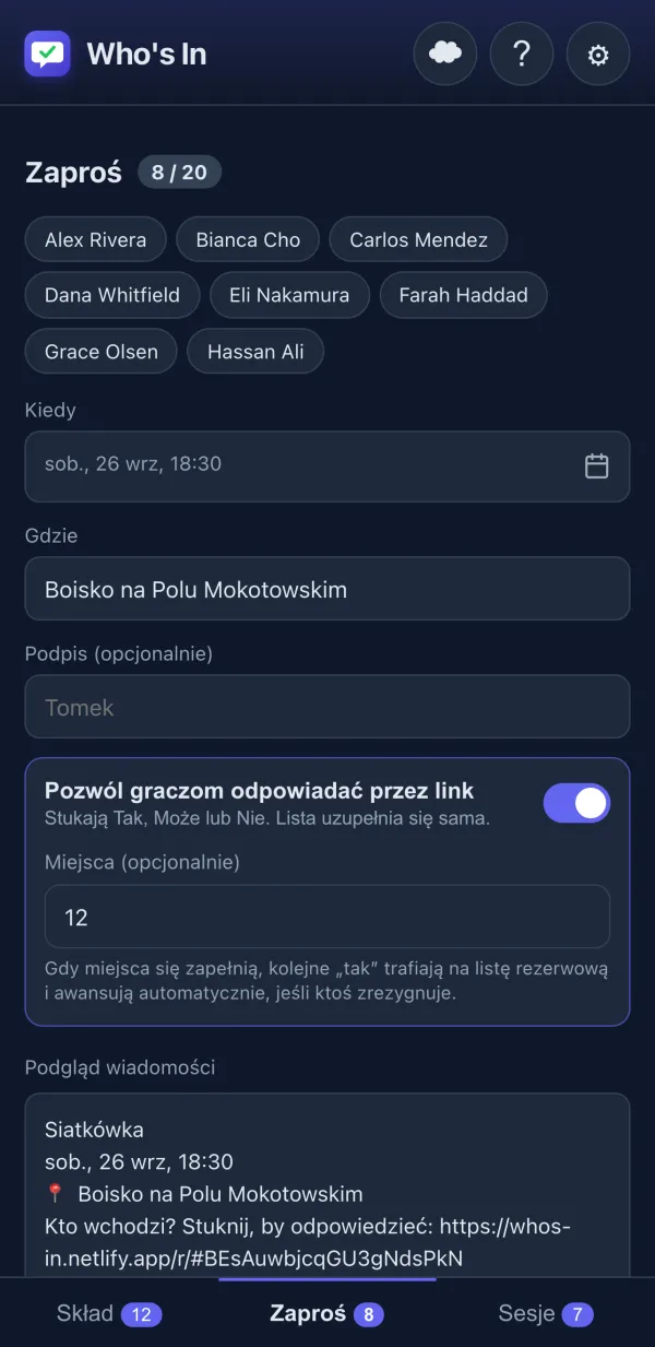 Kreator zaproszenia z podglądem wiadomości