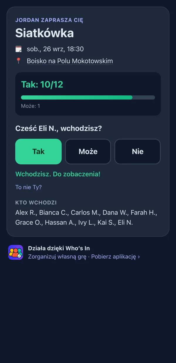 Strona RSVP widoczna dla graczy w przeglądarce, z przyciskami Tak, Może i Nie