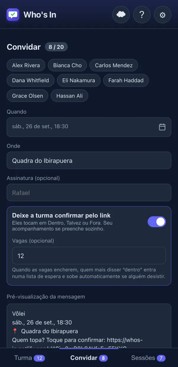 Editor de convite com pré-visualização da mensagem
