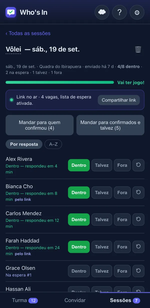 Acompanhamento de RSVP com botões Dentro/Talvez/Fora