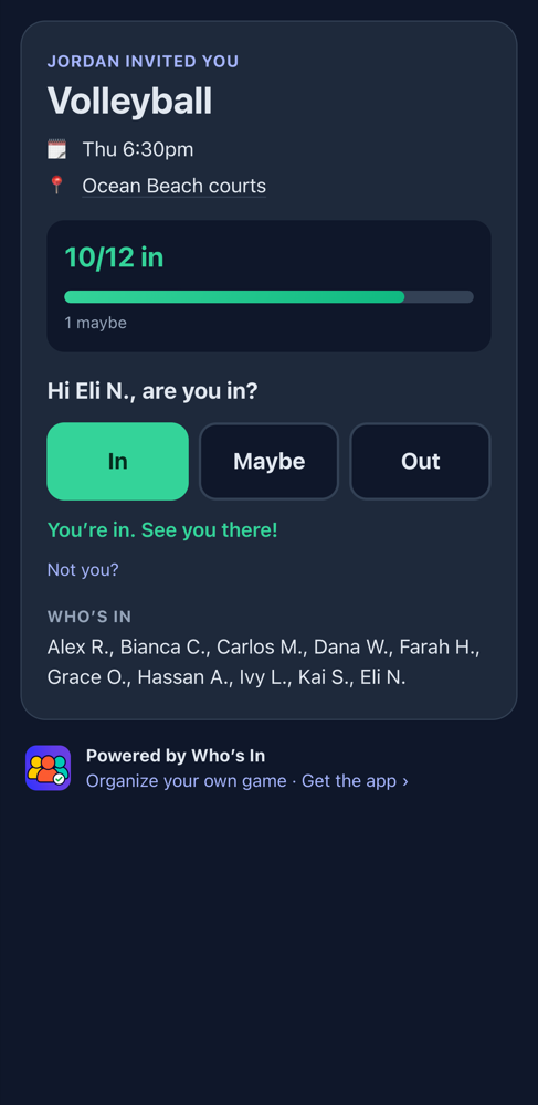 RSVP page players see in their browser, with In, Maybe and Out buttons