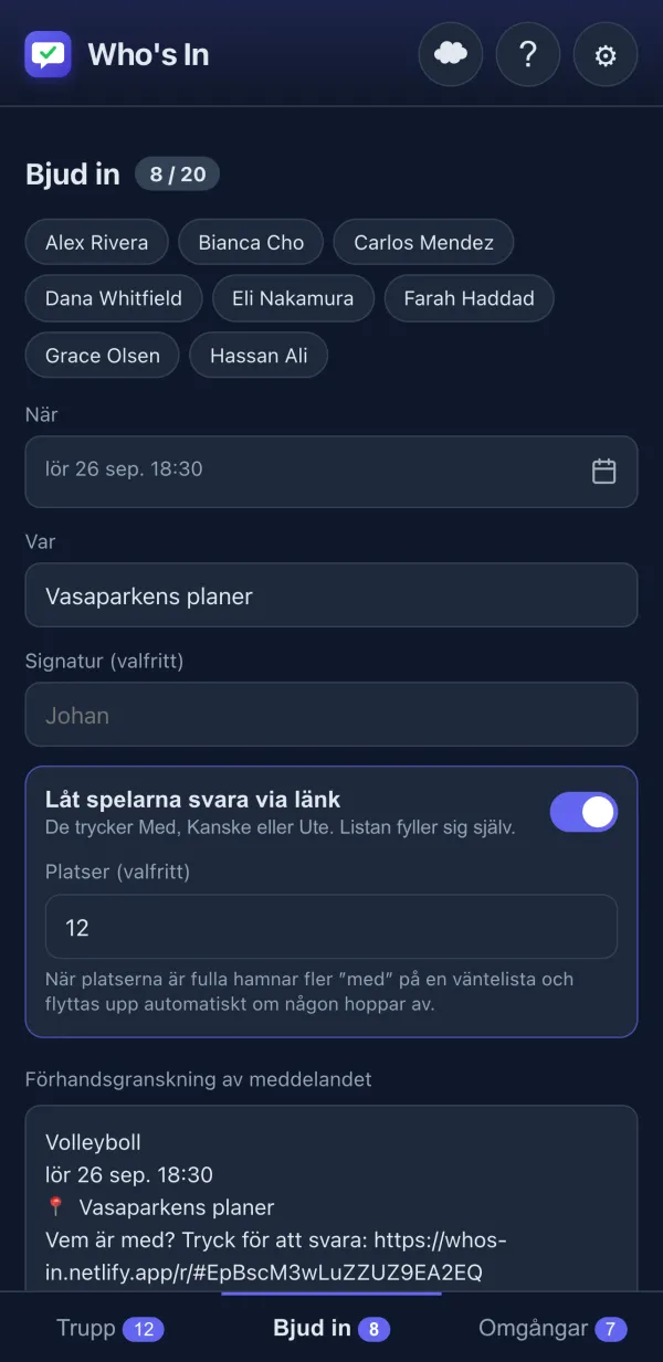 Inbjudningseditor med meddelandeförhandsgranskning