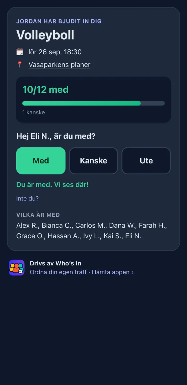 RSVP-sida som spelarna ser i webbläsaren, med knapparna Med, Kanske och Ute