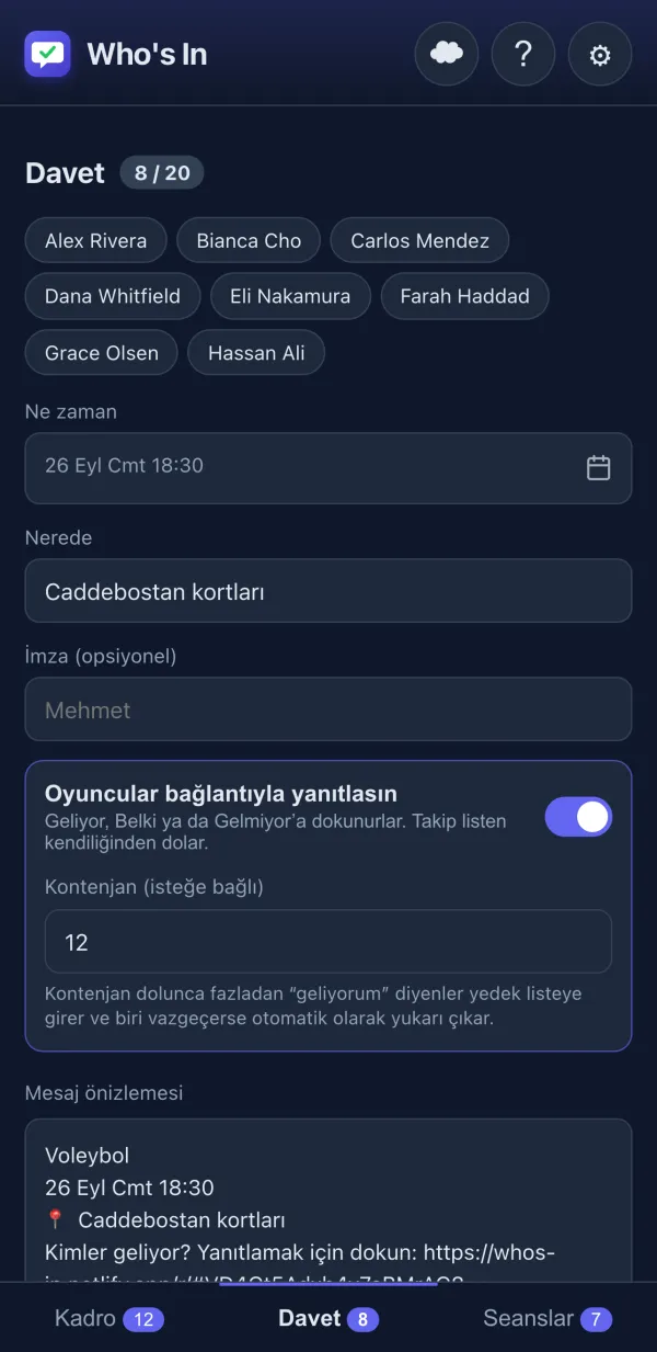 Mesaj önizlemeli davet düzenleyici