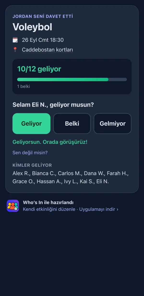 Oyuncuların tarayıcıda gördüğü, Geliyor, Belki ve Gelmiyor düğmeli RSVP sayfası