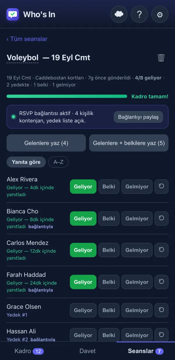 Geliyor/Belki/Gelmiyor düğmeleriyle RSVP takipçisi