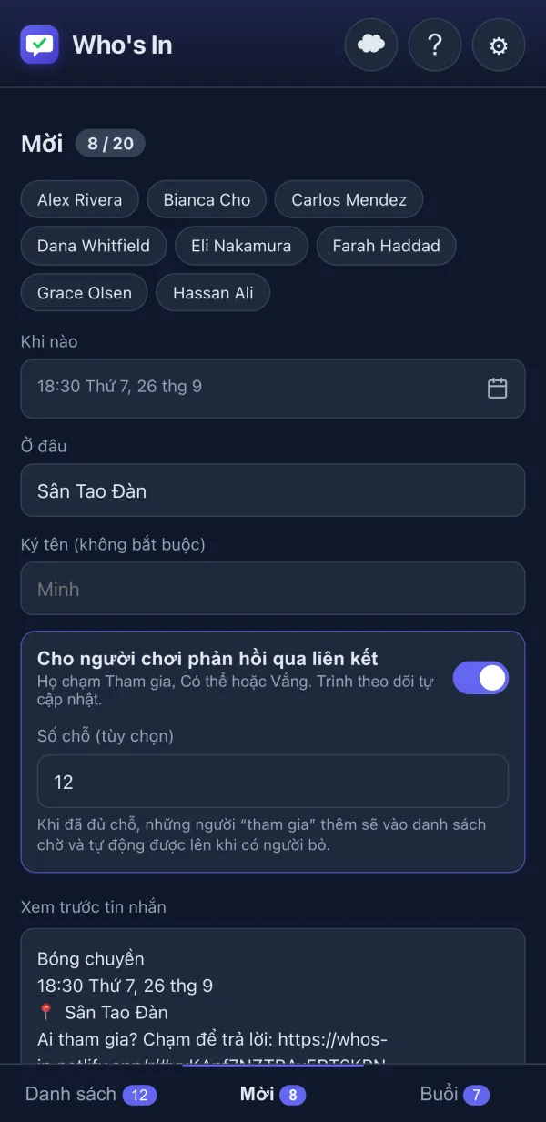 Trình soạn lời mời với xem trước tin nhắn