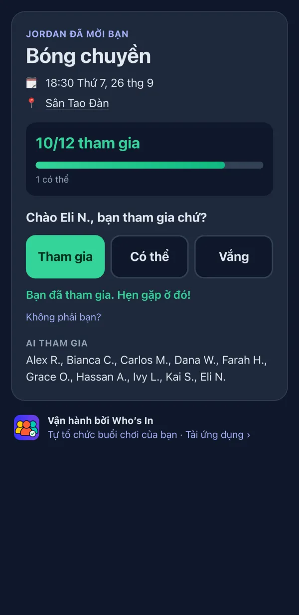 Trang RSVP người chơi thấy trong trình duyệt, có các nút Tham gia, Có thể và Vắng