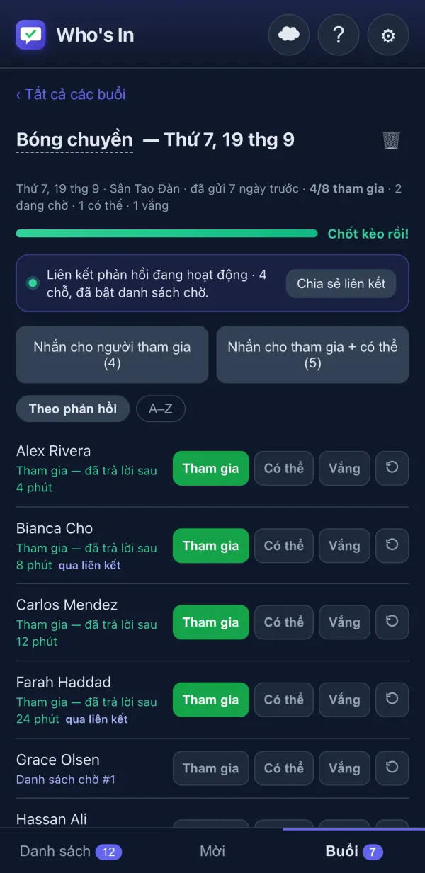Trình theo dõi RSVP với các nút Tham gia/Có thể/Vắng